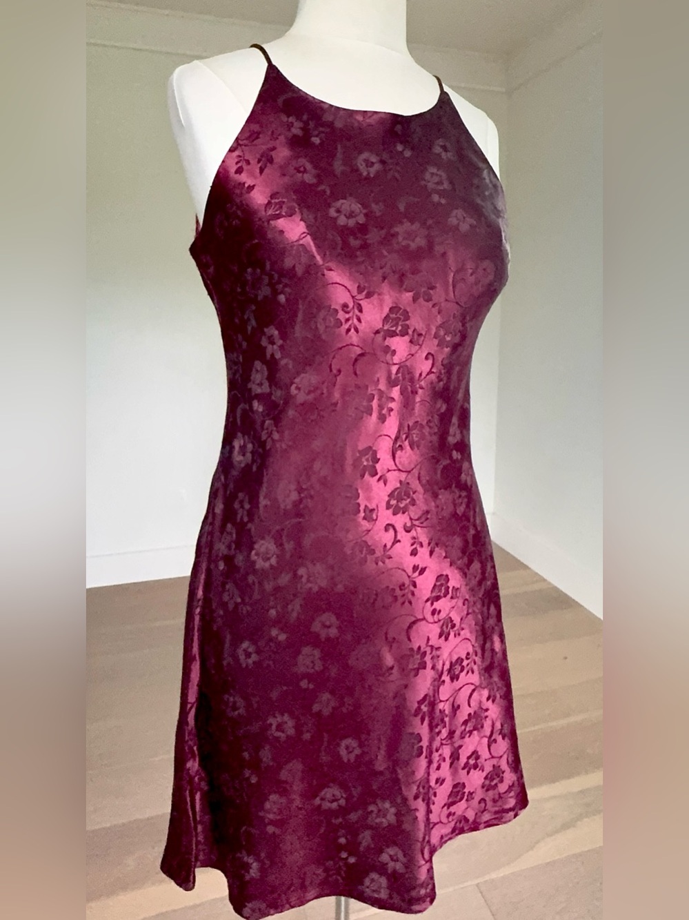 Steppin Out Jr 11/12 Burgundy Floral Satin Slip Dress Y2K NWOT Flattering Sexy S